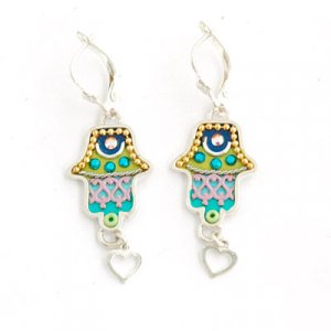 Hamsa Earrings with Heart in Green - Ester Shahaf