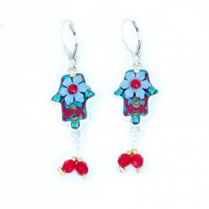 Hamsa Earrings in Blue and red with Matching Bead Dangle