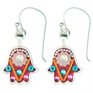 Pink Flower Hamsa Earrings - Ester Shahaf