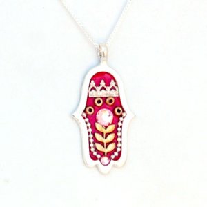 Ester Shahaf Silver Hamsa Necklace with Red Flower