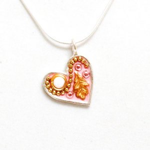 Gold Color Flower Silver Heart Necklace in Pink