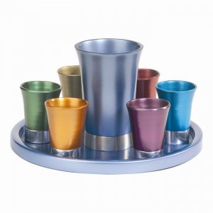 Aluminum Kiddush Goblet and Six Cups with Tray, Metallic Colors - Yair Emanuel