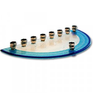 Fused Glass Blue and White Bubble Menorah - Itay Mager