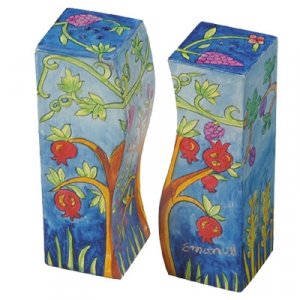 Hand-Painted Wood Fitted Salt & Pepper Shaker, Pomegranates - Yair Emanuel