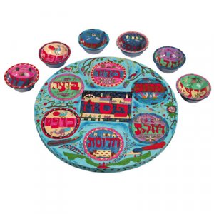 Hand Painted Seder Plate with Six Bowls, Colorful Design - Yair Emanuel