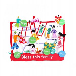 Hand Painted Sculpture Park Scene Bless this Family in English, Red - Tzuki Art