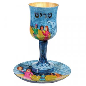 Hand Painted Wood Miriam's Cup, Colorful on Blue - Yair Emanuel