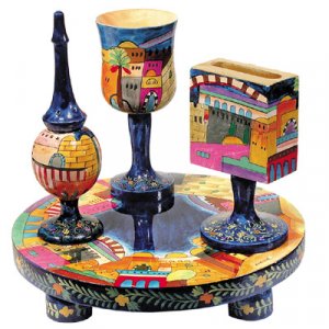 Hand Painted 4-Piece Wood Havdalah Set, Jerusalem - Yair Emanuel