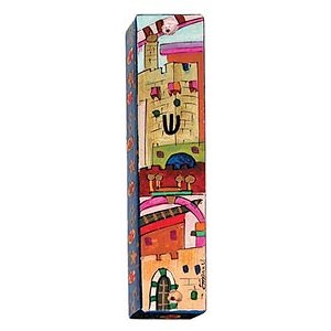 Small Hand Painted Wood Mezuzah Case, Jerusalem on Red - Yair Emanuel