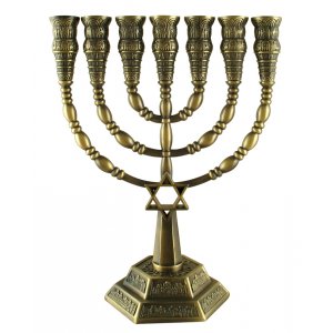 Bronze Seven-Branch Menorah, Jerusalem Images and Star of David - 9.4" or 6"