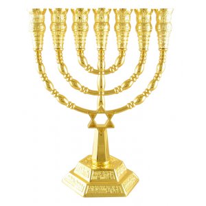 Gold Seven-Branch Menorah, Jerusalem Images and Star of David - 9.4" or 6"