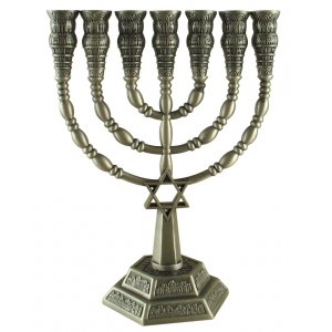 Pewter Seven-Branch Menorah, Jerusalem Images and Star of David - 9.4" or 6"