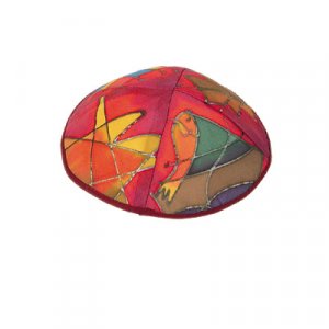 Hand Painted Red Silk Kippah, Judaica motifs - by Yair Emanuel