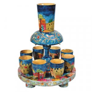 Hand Painted Wood Kiddush Fountain Set with 8 Cups, Jerusalem Design - Yair Emanuel