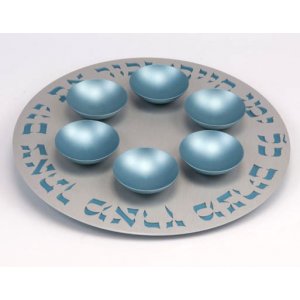 Exclusive Anodized Aluminum Seder Plate with Bowls, Silver and Teal - Agayof