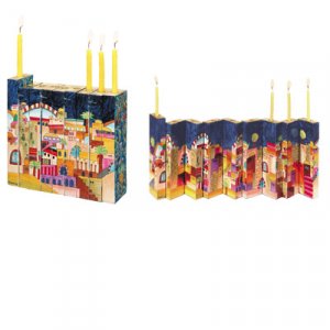 Hand Painted Wood Accordion Hanukkah Menorah, Jerusalem Images - Yair Emanuel