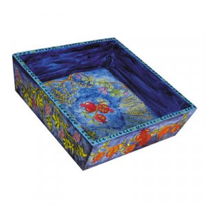 Hand Painted Wood Blue Matzah Tray, Seven Species - Yair Emanuel