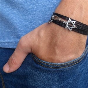 Black String Triple Wrap Men's Bracelet with Oxidized Silver-Plated Star of David