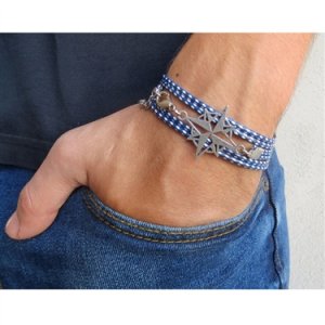 Blue and White Rope Triple Wrap Men's Bracelet with Oxidized Silver-Plated Compass Element by Gal Cohen