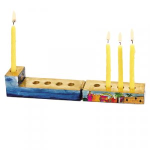 Hand Painted Compact Wood Hanukkah Menorah with Jerusalem Images - Yair Emanuel