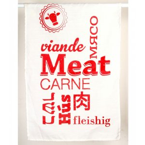 Red Linen Dish Towel - “Meat” in various languages by Barbara Shaw