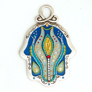 Wall Hamsa by Ester Shahaf in Blue Flower Design