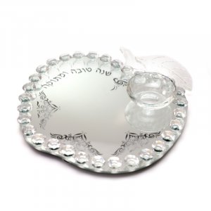 Rosh Hashanah Crystal Glass Apple Shaped Tray with Honey Bowl