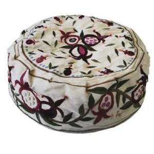 Embroidered Off-white Bucharian Hat-Kippah with Embroidered Pomegranates - Yair Emanuel