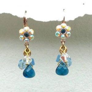 Blue Crystal Drop Earrings with Flower - Edita