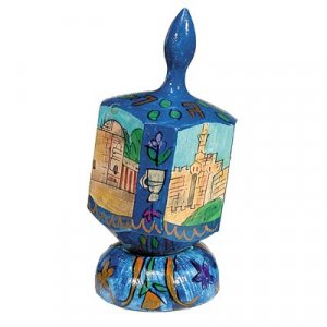 Large Hand Painted Wood Dreidel on Stand, Jerusalem Vistas - Yair Emanuel