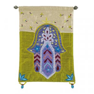 Appliqued Silk Wall Banner, Green Gold, Hamsa and Flowers and Leaves - Yair Emanuel