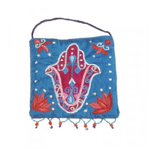 Small Embroidered Blue Silk Wall Decoration, Hamsa - Yair Emanuel