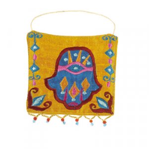 Small Embroidered Silk Hamsa Wall Decoration, Orange - Yair Emanuel