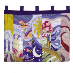Yair Emanuel Raw Silk Embroidered Wall Hanging Depicting Days of Creation