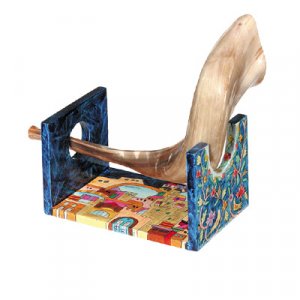 Wood Hand Painted Stand for Small Shofar Ram Horn, Jerusalem Views - Yair Emanuel