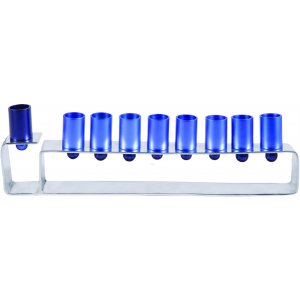 Hanukkah Menorah Silver Frame with Cylindrical Cups, Blue - Yair Emanuel