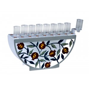 Menorah for Oil with Decorative Arc Front - Colorful Pomegranates by Dorit Judaica