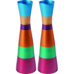 Anodized Aluminum Slender Shabbat Candlesticks - Colored Bands by Yair Emanuel