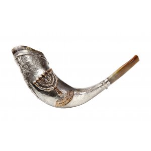 Sterling Silver Ram's Horn Shofar with Decorative Seven Branch Menorah