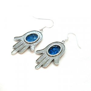 Sterling Silver Hamsa Drop Earrings with Roman Glass Center - Michal Kirat