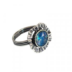 Sterling Silver Ring with Round Roman Glass Center and Flower Design - Michal Kirat