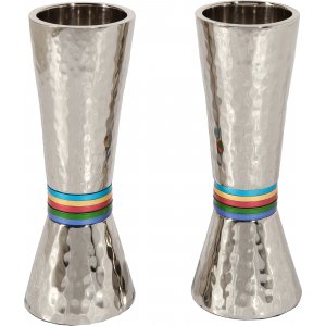 Hammered Nickel Cone Candlesticks with Colored Rings - Yair Emanuel