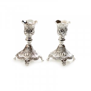 Small Silver Plated Candlesticks with Ornate Decorative Filigree