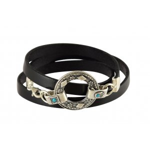 Leather triple-Wrap Men Bracelet, Sterling Silver Hamsa & Hebrew Priestly Blessing - Studio Golan