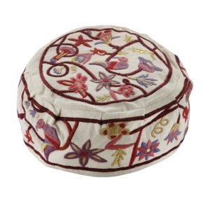 Embroidered Bucharian Hat Kippah, Flowers and Birds on Cream - Yair Emanuel