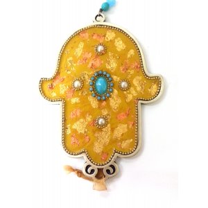 Hand Painted Wall Hamsa, Leaf Design on Gold with Beads and Crystals - Iris Design
