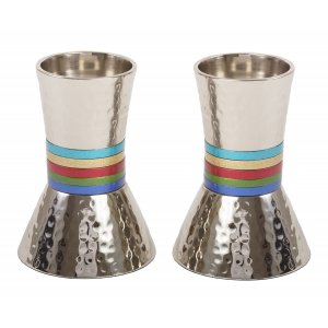 Hammered Nickel Cone Candlesticks with Colored Stripes, Small - Yair Emanuel