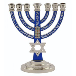 Dark Blue on Silver 7-Branch Menorah with Star of David and Breastplate – 5.2 Inches