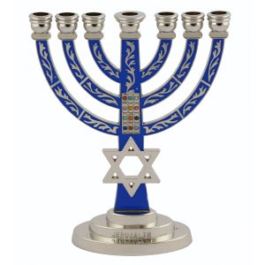 Dark Blue on Silver 7-Branch Menorah with Star of David and Breastplate  5.2 Inches