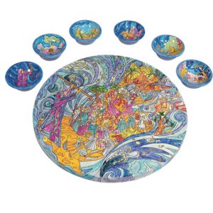 Hand Painted Seder Plate with Six Bowls, Splitting of the Sea - Yair Emanuel